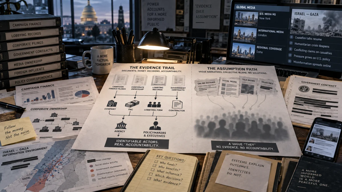 Desk display with charts, documents, and screens about campaign finance, corporate ownership, media influence, and Israel-Gaza coverage, illustrating the difference between evidence-based analysis and conspiracy thinking.