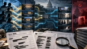 Infographic showing domestic and foreign funding flows into foundations, donor-advised funds, and 501(c)(3) and 501(c)(4) nonprofits, with branches for advocacy, litigation, lobbying, and election-related activity.