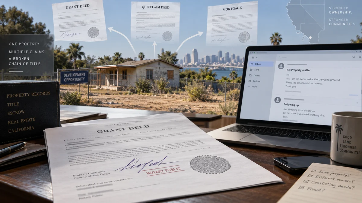 Illustration of San Diego property records, deed documents, and a laptop showing property-related emails over a home and city skyline.