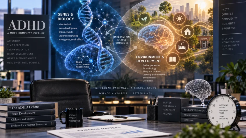 Office desk with an ADHD-themed wall graphic showing DNA, a brain, and icons for environment, sleep, and school, alongside books and a clock.