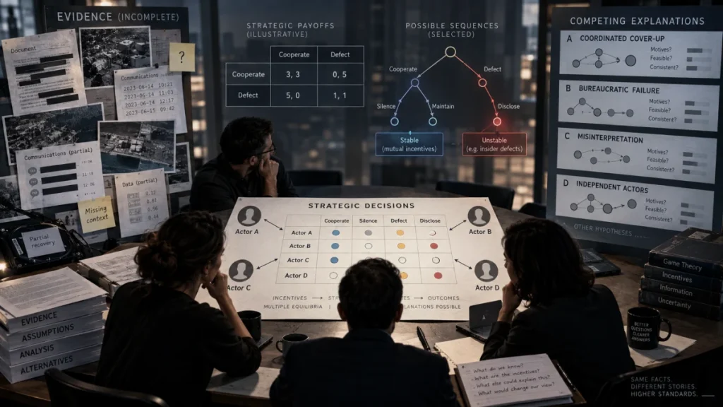 A group of people studies a conspiracy-analysis board with evidence notes, payoff tables, decision trees, and competing explanations on a dark conference wall.