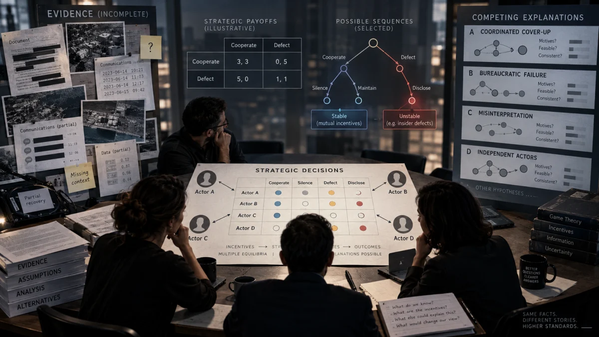 A group of people studies a conspiracy-analysis board with evidence notes, payoff tables, decision trees, and competing explanations on a dark conference wall.