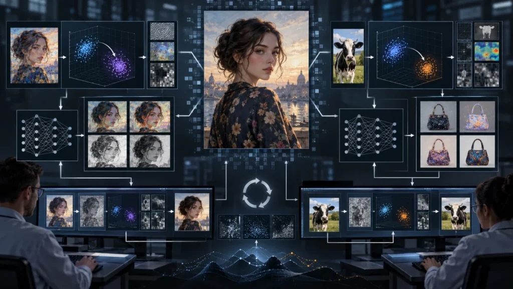 A conceptual illustration showing artists and researchers using image transformation and neural network diagrams to protect styles from AI training and mimicry.