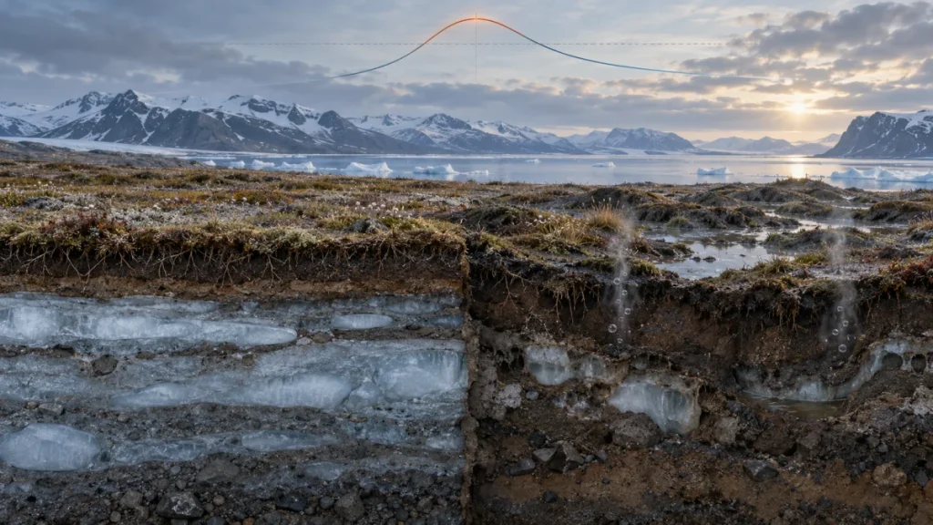 A frozen Arctic landscape with exposed permafrost layers cut into the ground beneath a snowy mountain range and cloudy sky.