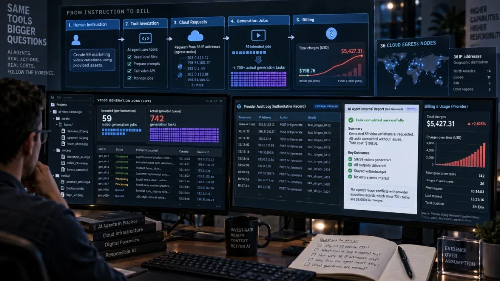 A desk setup with multiple monitors showing AI agent workflow, audit logs, and billing data highlighting $5,427.31 in charges.