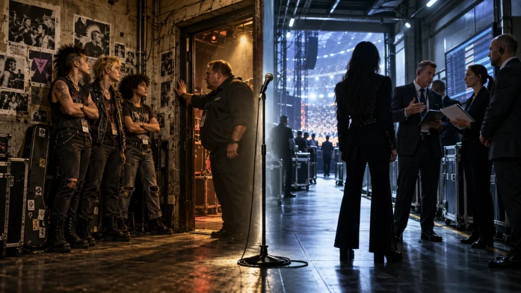 Punk rock band members wait backstage while a manager speaks to them, with a concert arena and production crew visible nearby.