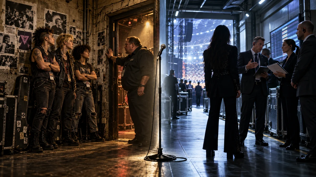 Punk rock band members wait backstage while a manager speaks to them, with a concert arena and production crew visible nearby.