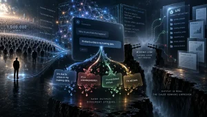Conceptual illustration of an AI response debate, with a large crowd on one side, a single person on the other, and floating panels about training data, bias, and missing evidence.