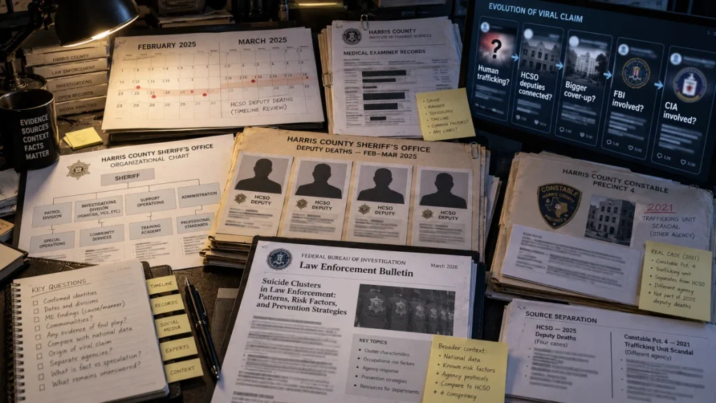 Desk covered with case files, calendars, organizational charts, and a monitor showing a viral claim about Harris County deputies and a human-trafficking ring.
