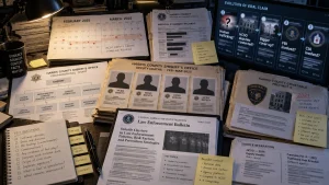 Desk covered with case files, calendars, organizational charts, and a monitor showing a viral claim about Harris County deputies and a human-trafficking ring.