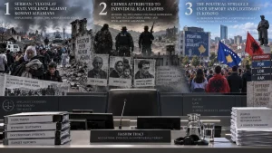 An illustrated courtroom scene about Hashim Thaçi, with evidence files in front of a backdrop showing Kosovo war violence, KLA leaders, and public debate over memory and justice.