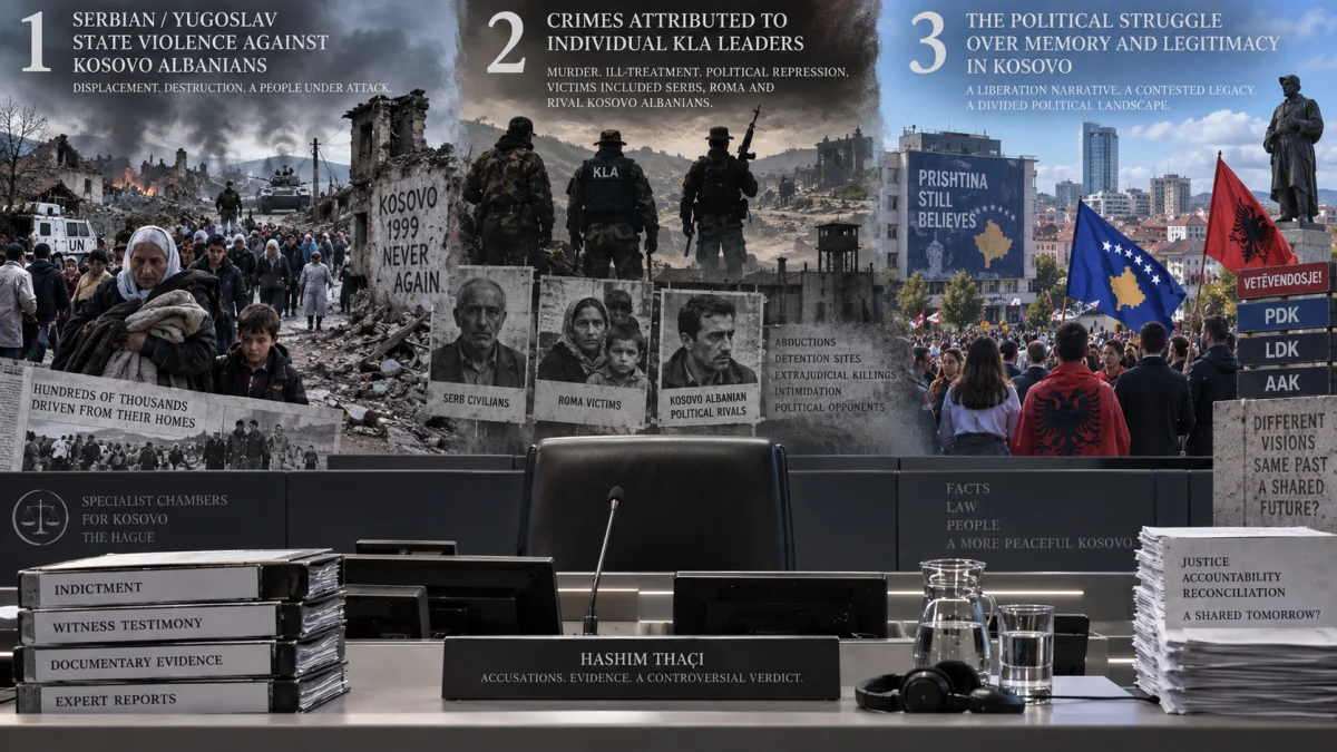 An illustrated courtroom scene about Hashim Thaçi, with evidence files in front of a backdrop showing Kosovo war violence, KLA leaders, and public debate over memory and justice.