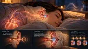 A person lying in bed with a highlighted ear and heart illustration showing how covered ears can amplify heartbeat sounds.