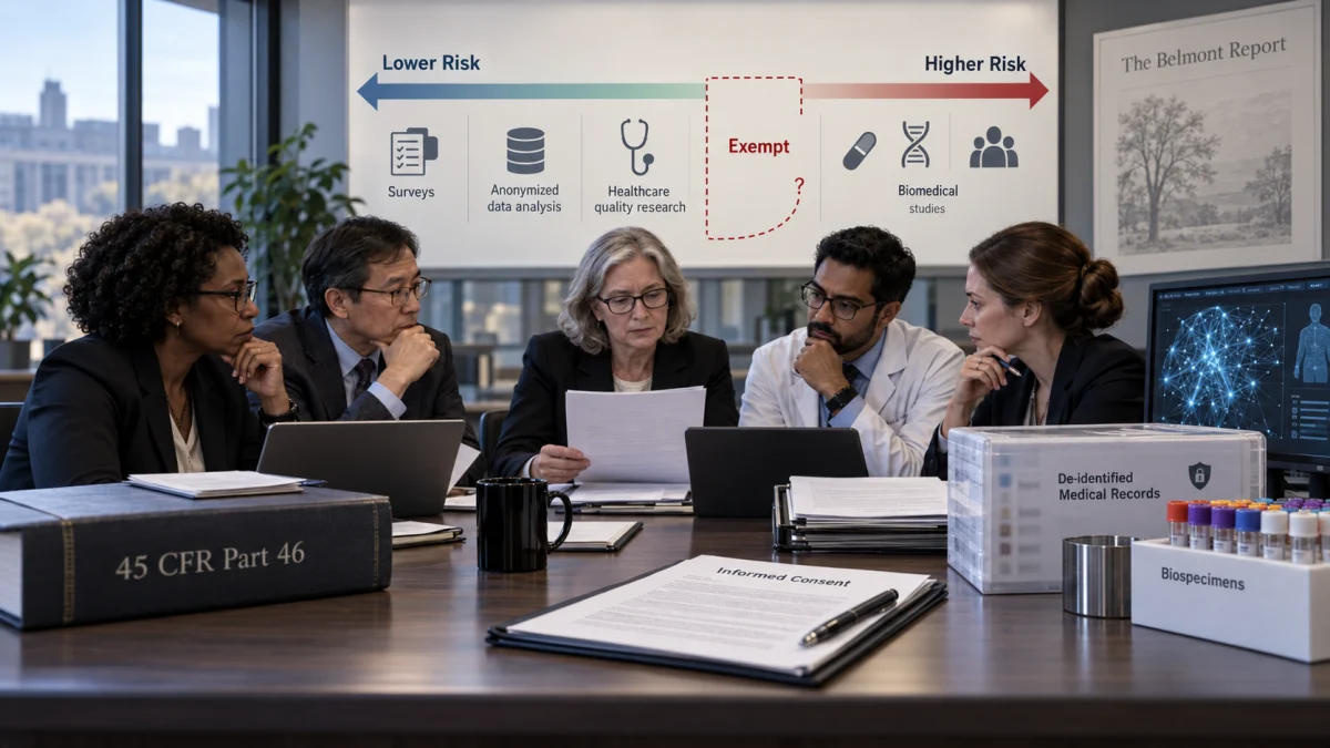 A group of researchers and officials discuss human-research protections at a table with informed consent papers, medical records, and biospecimen samples, with a chart on exempt and higher-risk research in the background.