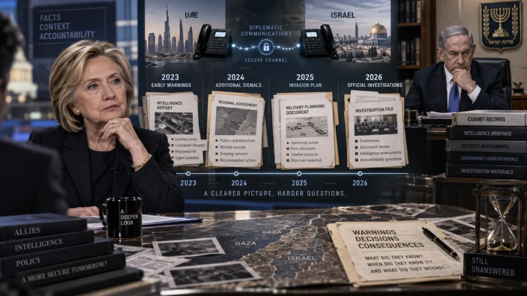 Hillary Clinton sits at a desk beside a large timeline graphic about Israel, Gaza, and Hamas planning, with Benjamin Netanyahu shown in a separate panel.