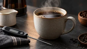 A steaming mug of coffee beside a digital thermometer on a dark countertop.