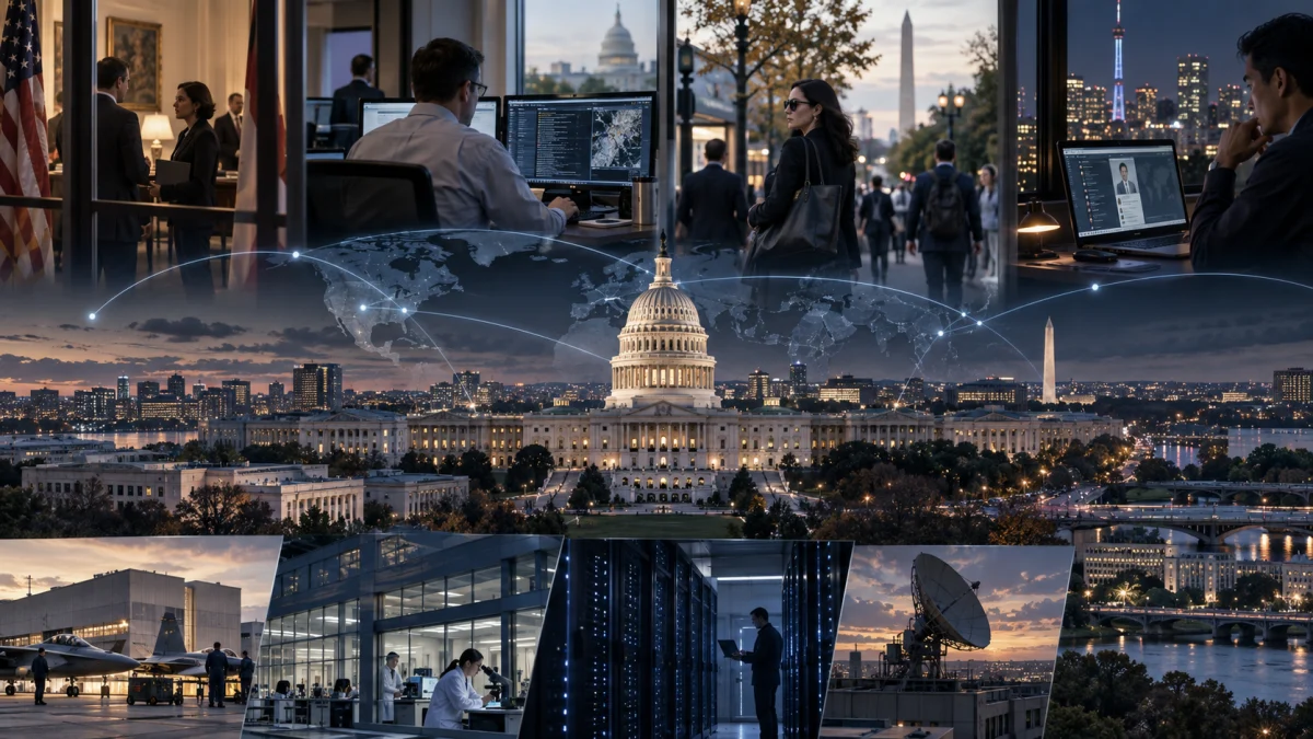 Composite illustration of Washington, D.C. with the U.S. Capitol, city skyline, surveillance and intelligence scenes, and connected global map lines.