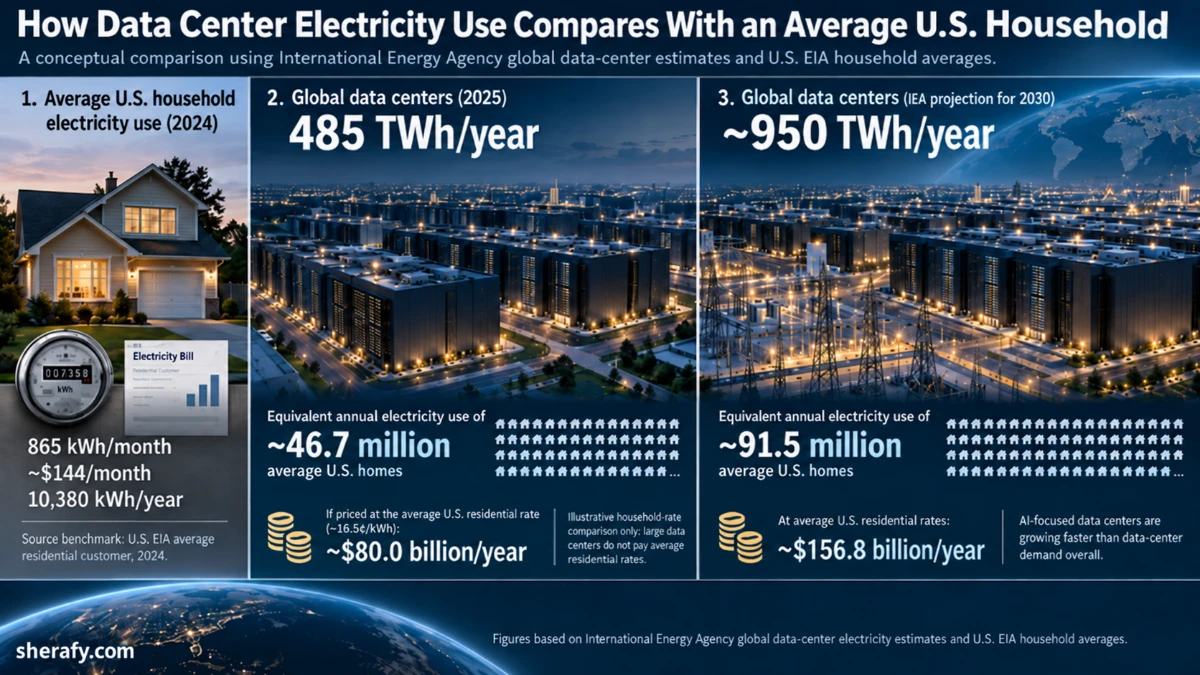 Infographic comparing average U.S. household electricity use with global data-center electricity demand. An average U.S. home uses about 10,380 kWh per year, while global data centers used about 485 TWh in 2025, equivalent to roughly 46.7 million U.S. homes, and are projected by the IEA to reach about 950 TWh by 2030, equivalent to roughly 91.5 million homes. The graphic also shows illustrative household-rate cost equivalents of about $80 billion per year in 2025 and $156.8 billion per year in 2030, alongside data centers, power infrastructure, and the sherafy.com label.
