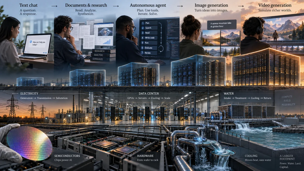 Infographic comparing AI tasks like chat, research, agents, image generation, and video generation with data centers, electricity, semiconductors, hardware, and water cooling.