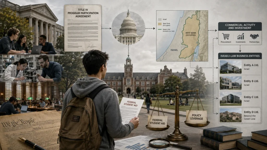 Collage showing a student holding a federal student aid document, Congress, a West Bank map, and commercial and business entities linked by arrows and policy graphics.