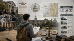 Collage showing a student holding a federal student aid document, Congress, a West Bank map, and commercial and business entities linked by arrows and policy graphics.