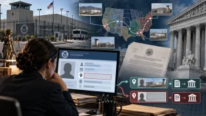 Illustration showing an ICE detainee locator screen, detention facilities, court buildings, and a map of U.S. transfer locations.