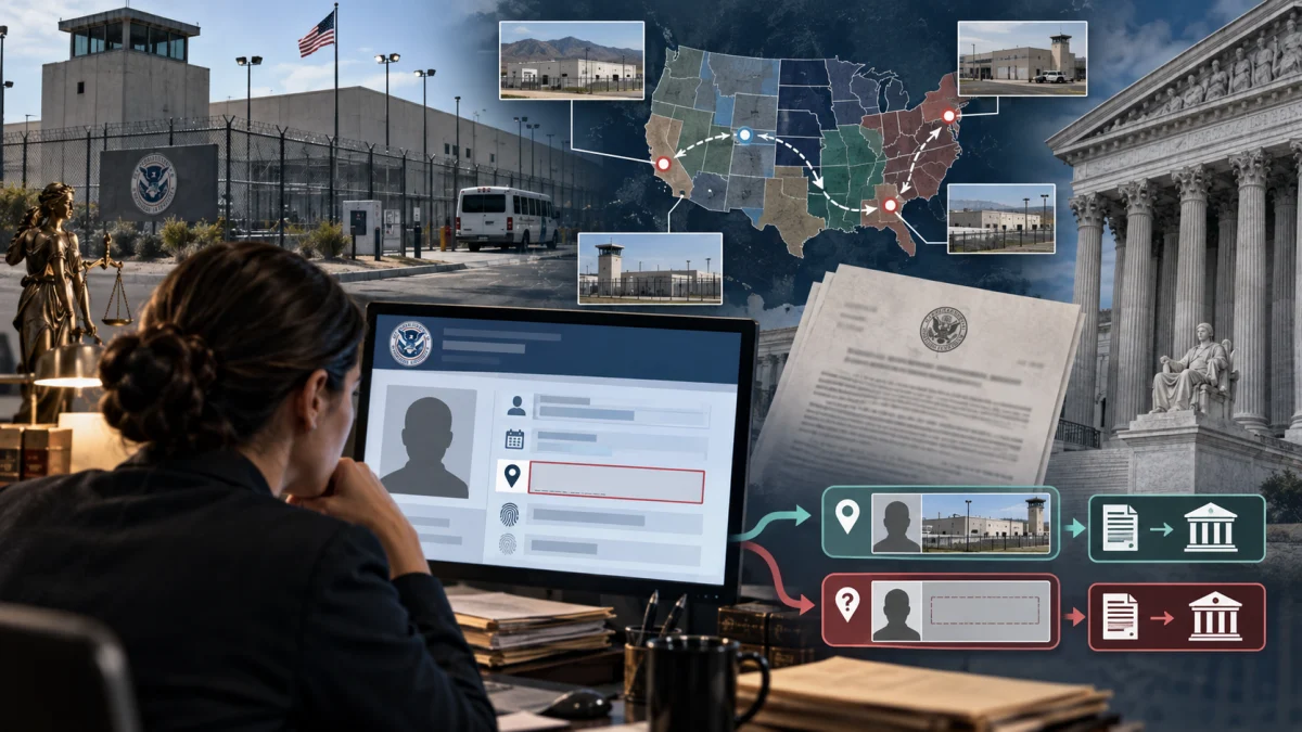 Illustration showing an ICE detainee locator screen, detention facilities, court buildings, and a map of U.S. transfer locations.