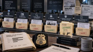 Display of ICE and federal law enforcement hiring materials showing fingerprinting, identity verification, training, background checks, and applicant status folders alongside a $50,000 bonus sign.