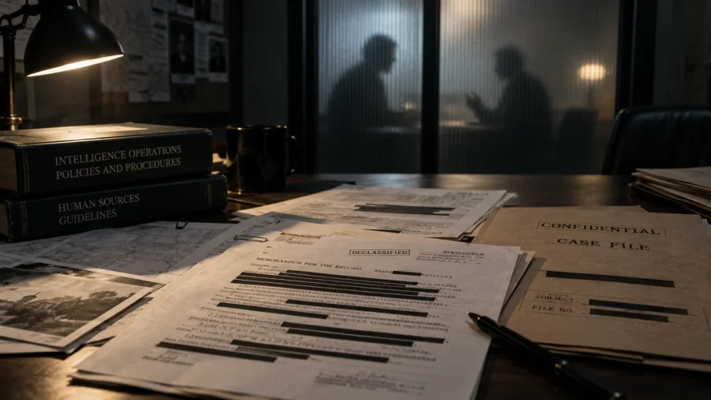 Desk covered with classified and declassified intelligence documents, with two silhouetted figures talking behind frosted glass.
