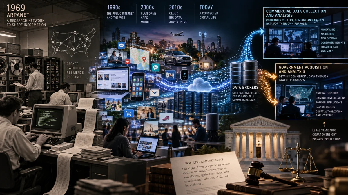 Infographic showing the evolution from ARPANET to the modern internet, alongside data brokers, commercial data collection, and government acquisition and analysis under legal oversight.