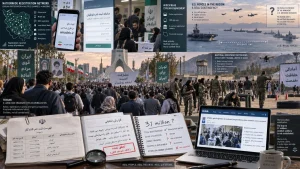 Composite infographic showing civilian registration, public rallies, military drills, and a laptop displaying news coverage to question claims that Iran mobilized 31 million people for combat.