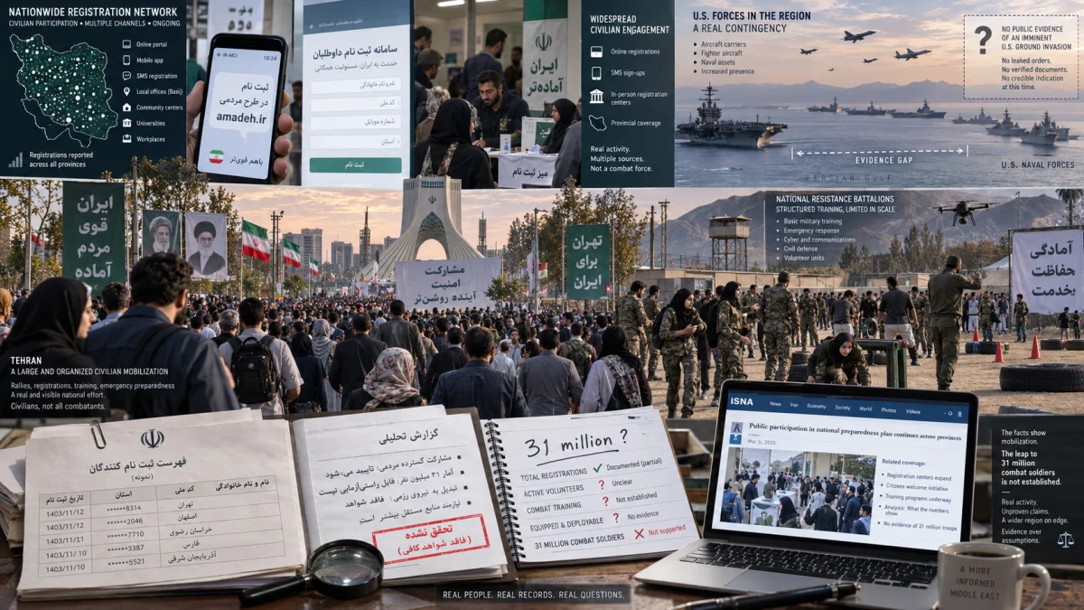 Composite infographic showing civilian registration, public rallies, military drills, and a laptop displaying news coverage to question claims that Iran mobilized 31 million people for combat.