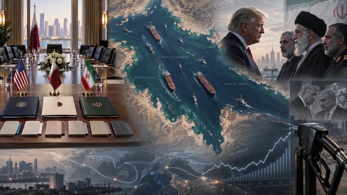 Composite image showing the Strait of Hormuz, oil tankers, U.S. and Iranian flags, Donald Trump facing Iranian officials, and an oil price chart.