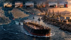 Infographic showing oil production, pipelines, tankers, refineries, fuel trucks, and consumer gasoline supply routes through the Strait of Hormuz and Bab el-Mandeb.