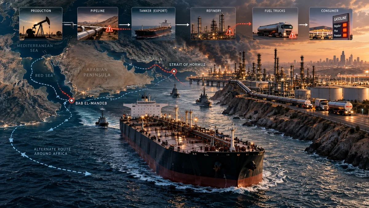 Infographic showing oil production, pipelines, tankers, refineries, fuel trucks, and consumer gasoline supply routes through the Strait of Hormuz and Bab el-Mandeb.