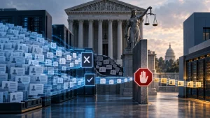 Illustration of digital taxpayer records flowing between government data centers, with a stop sign and the Supreme Court in the background.
