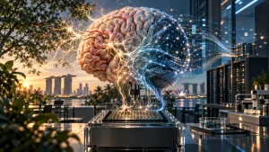 A human brain blended with glowing digital neural ქსaitworks above a futuristic lab desk at sunset with a city skyline in the background.