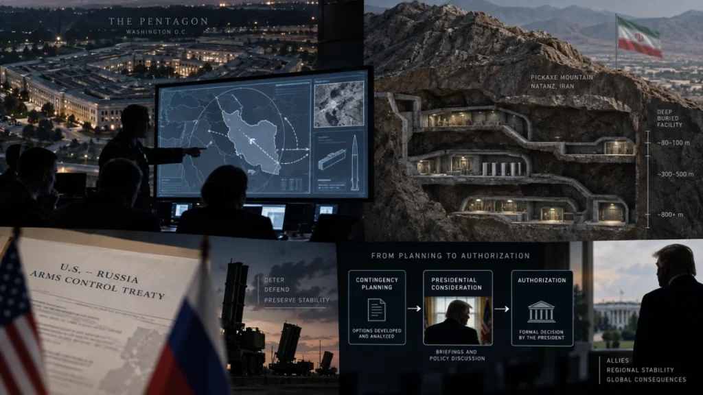 Composite graphic showing the Pentagon, an Iranian underground nuclear facility, missile systems, and a decision flow for potential military action.