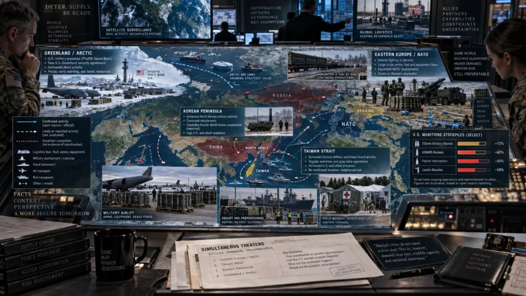 A desk display showing a world map with military hotspots, troop movements, logistics routes, and weapons stockpile graphics around Russia, Ukraine, Taiwan, Korea, and the Arctic.