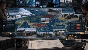 A desk display showing a world map with military hotspots, troop movements, logistics routes, and weapons stockpile graphics around Russia, Ukraine, Taiwan, Korea, and the Arctic.