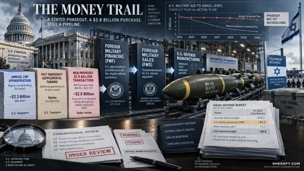 Editorial infographic showing the flow of U.S. military aid to Israel, with stacked funding documents, bomb imagery, and a phaseout chart still showing ongoing financing.