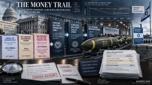 Editorial infographic showing the flow of U.S. military aid to Israel, with stacked funding documents, bomb imagery, and a phaseout chart still showing ongoing financing.