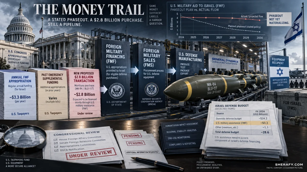 Editorial infographic showing the flow of U.S. military aid to Israel, with stacked funding documents, bomb imagery, and a phaseout chart still showing ongoing financing.