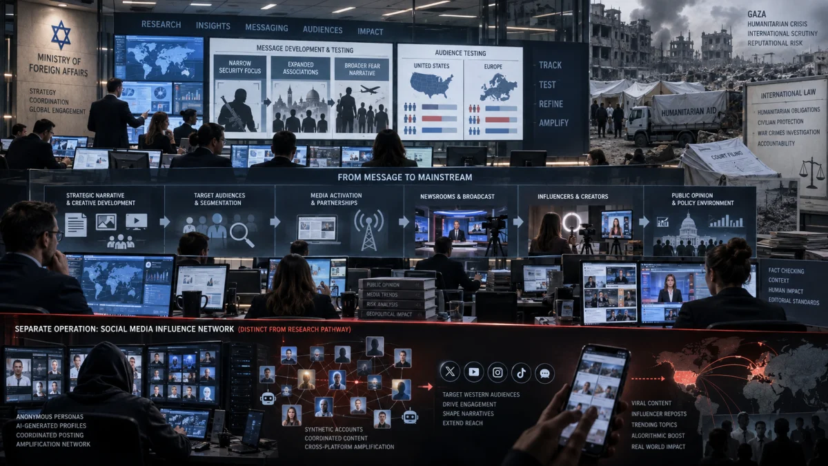 A dark newsroom-style infographic showing government messaging, audience testing, social media influence networks, and Gaza-related crisis imagery.
