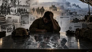 A distressed soldier sits with his head in his hand at a table, overlaid with war scenes, military imagery, and medical charts.