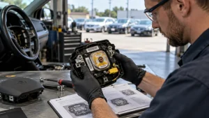 A mechanic wearing gloves examines a steering wheel airbag module at a workbench with repair manuals nearby.