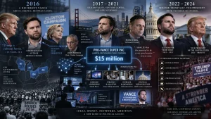 Infographic showing JD Vance’s political evolution from critic of Trump and adviser to Hillary Clinton to venture capital backer Peter Thiel and later Trump ally and vice president.