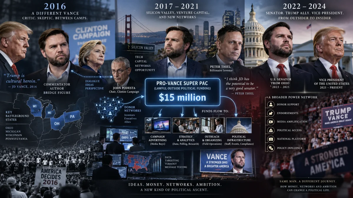 Infographic showing JD Vance’s political evolution from critic of Trump and adviser to Hillary Clinton to venture capital backer Peter Thiel and later Trump ally and vice president.