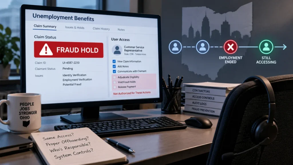 Desk scene with a monitor showing an unemployment benefits account flagged with a fraud hold and user access restrictions, alongside office notes and audit-related materials.