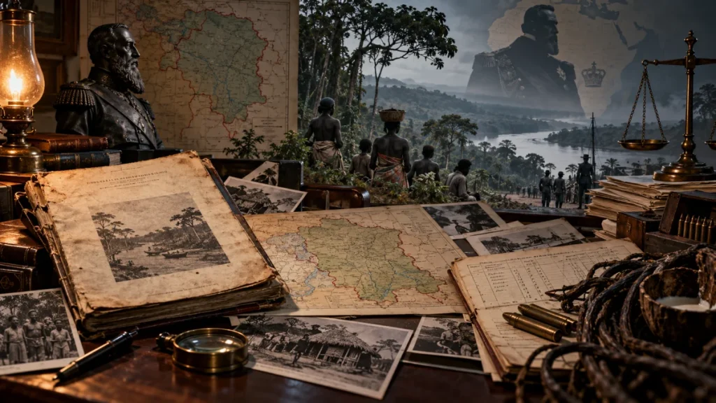 A historical collage with King Leopold II’s bust, old maps and documents, Congo landscape scenes, and images of colonial-era figures and local people.